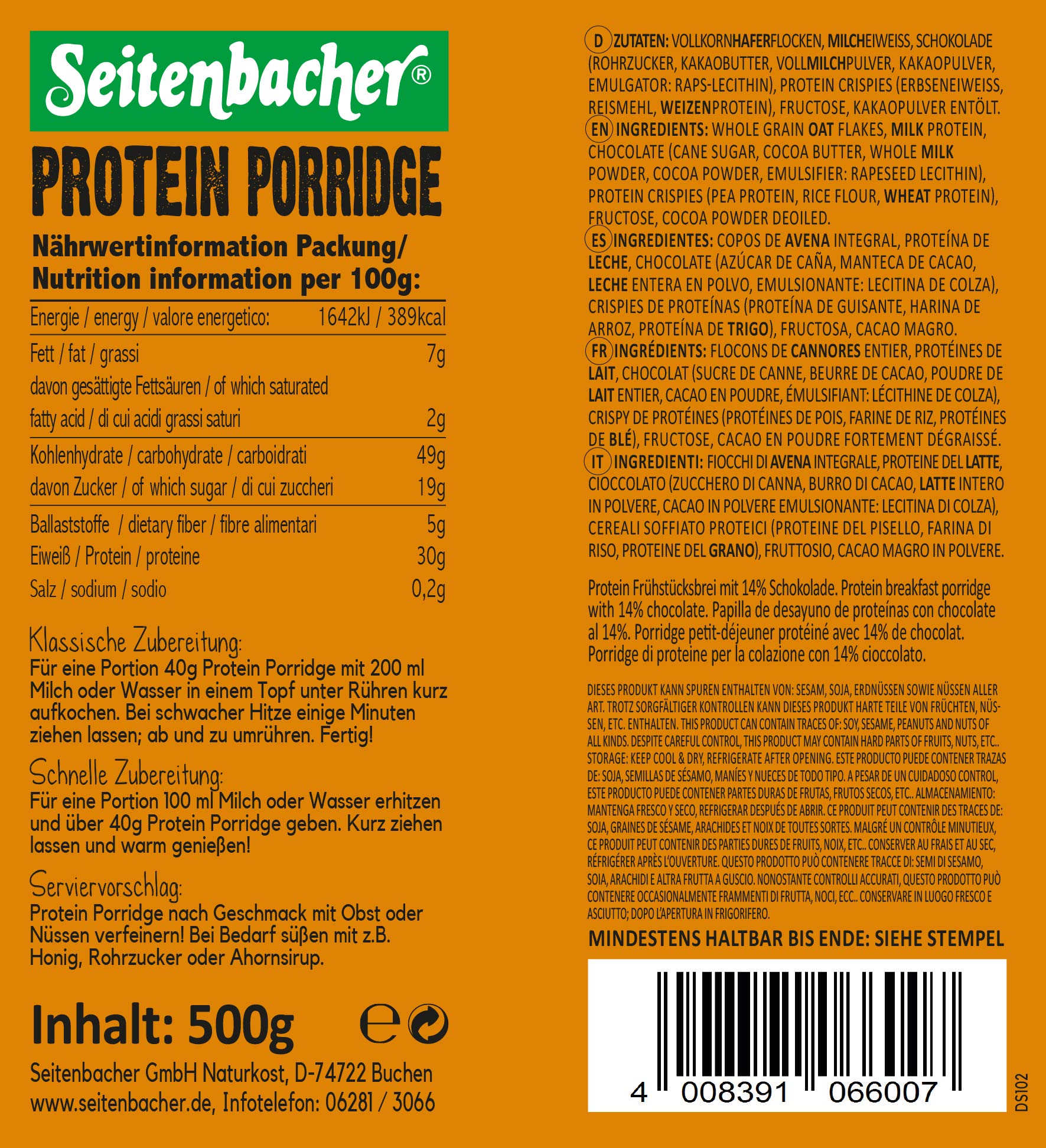 seitenbacher-porridge-schoko-30-protein-1-x-500g image 2