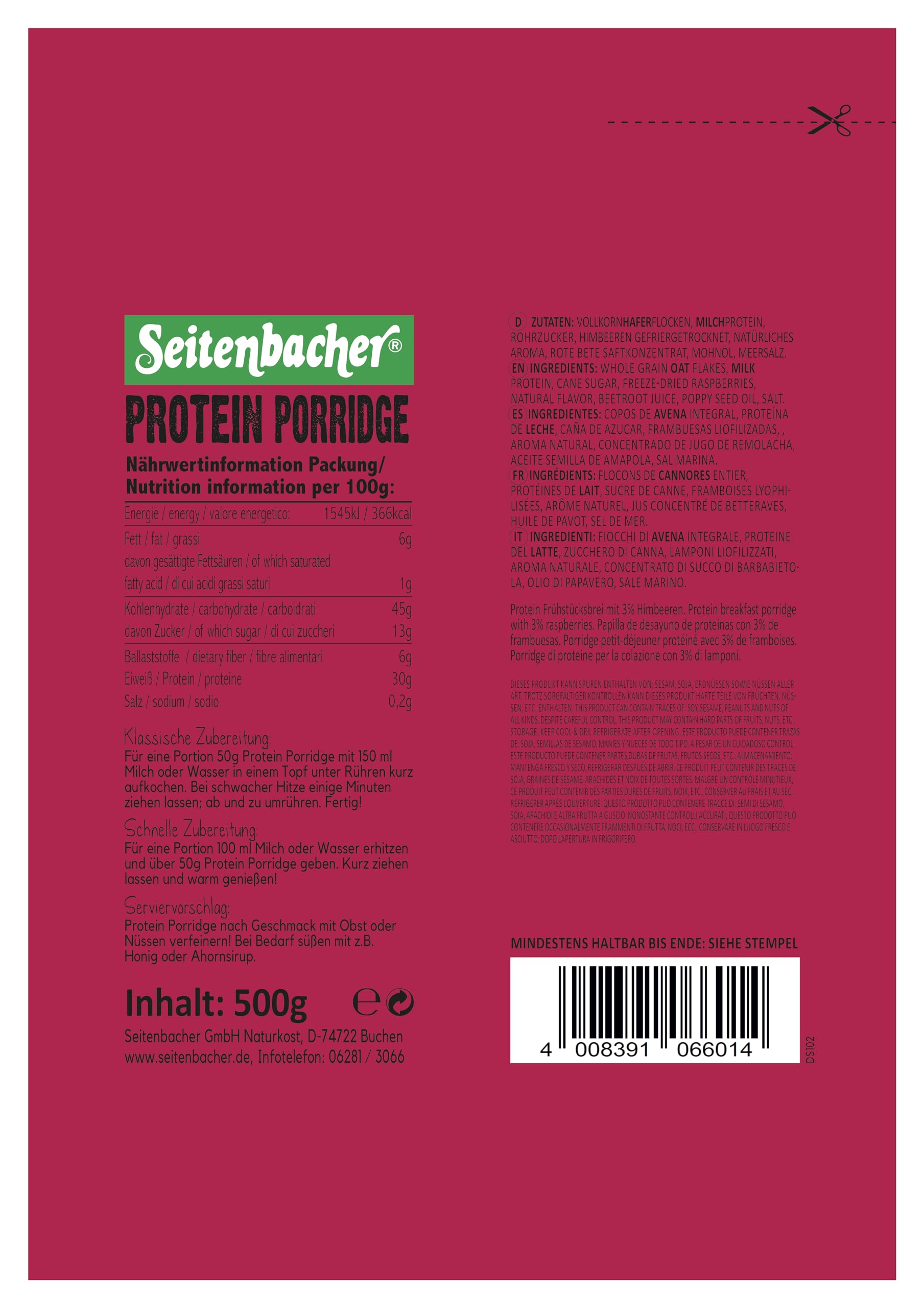 seitenbacher-porridge-himbeere-30-protein-warmes-fr-hst-ck-weizenfrei-1-x-500-g image 2